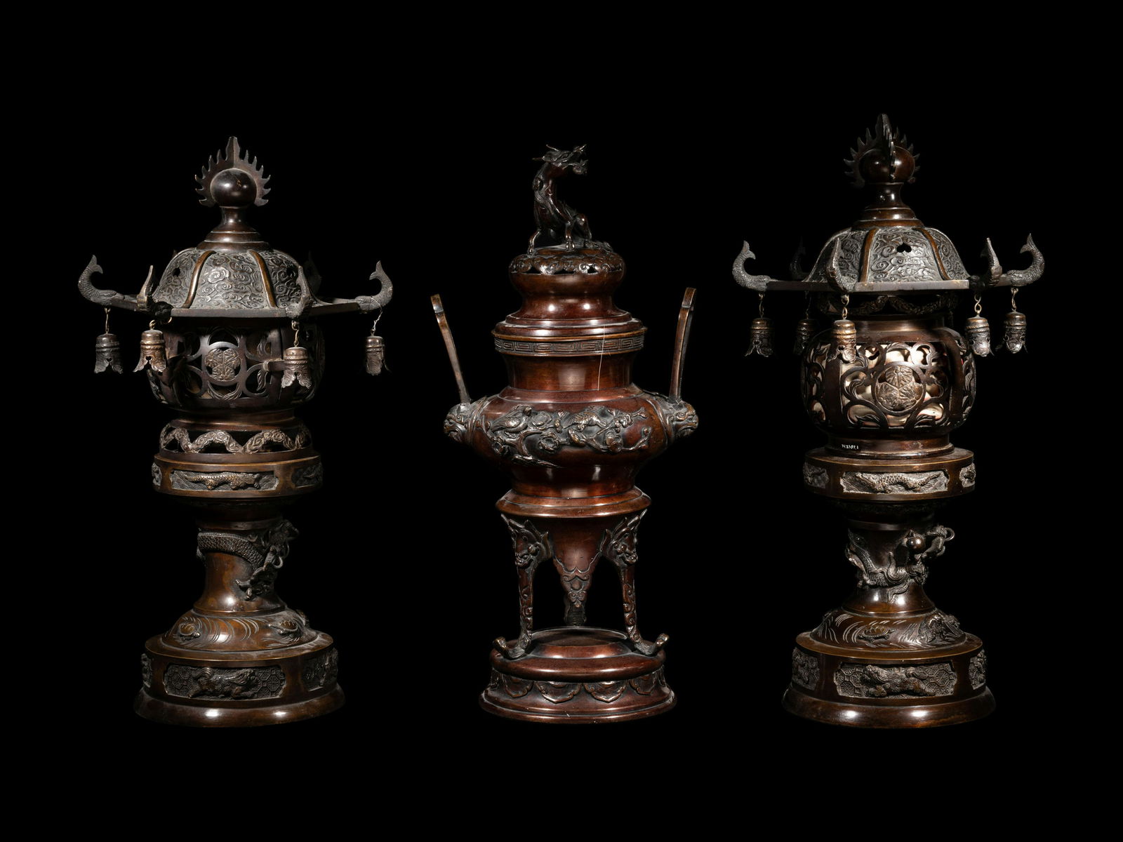Two Japanese Pagoda-Form Bronze Lanterns and A Bronze Incense Burner Height 18 in., 46 cm. (1 of 6)