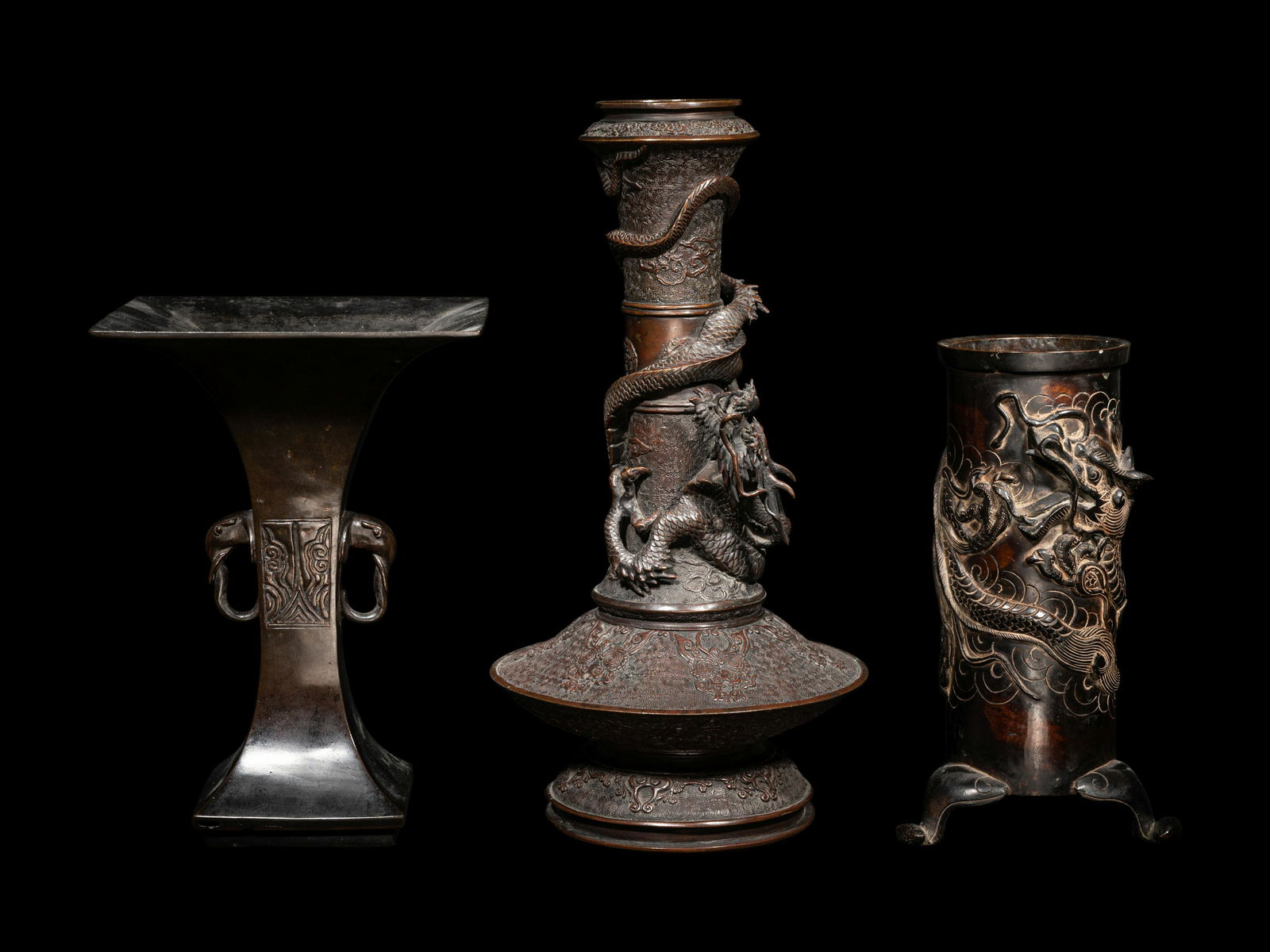 Three Japanese Bronze Vases Height of tallest 14 1/2 in., 37 cm. (1 of 9)
