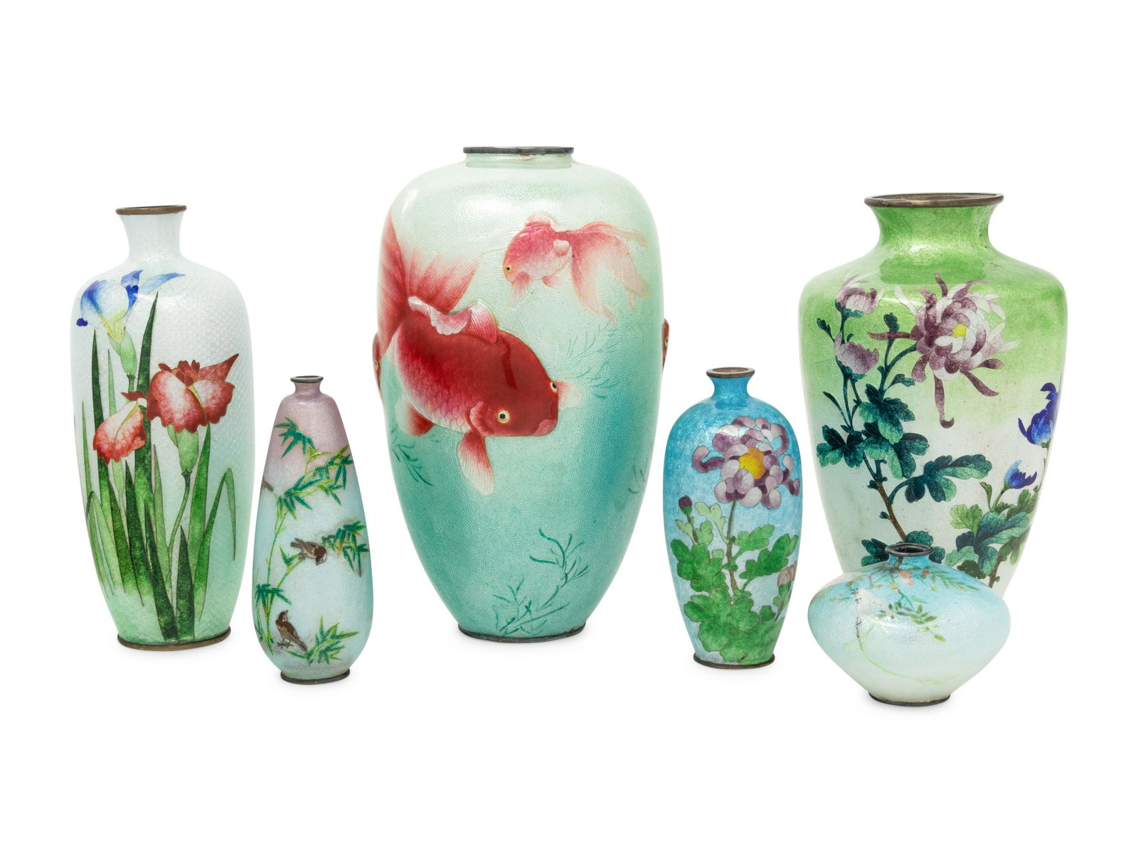 Six Japanese Green-Ground Ginbari Cloisonné Vases Height of largest 8 in., 20.3 cm. (1 of 4)