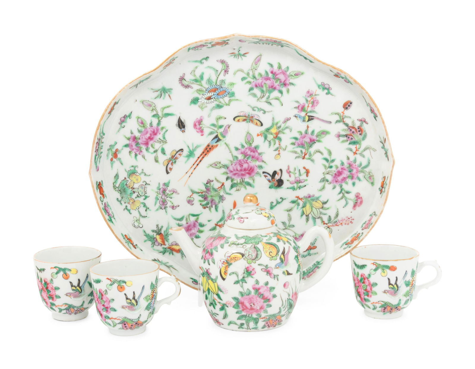 A Five-Piece Famille Rose Porcelain 'Butterfly' Tea Set Length of largest 11 in., 28 cm. (1 of 4)