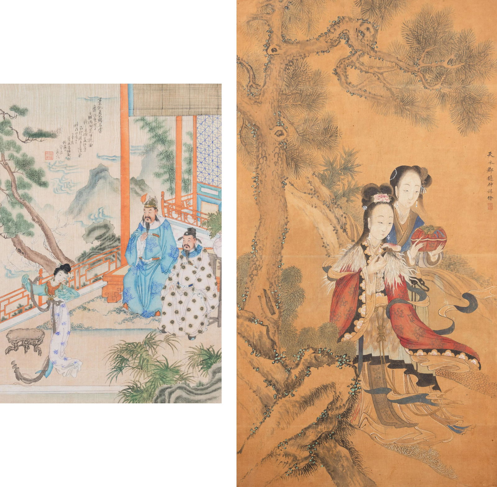 Two Chinese Paintings Depicting Ladies Larger image: Total height 69 x width 37 in., 175.3 x 94 cm. (1 of 9)