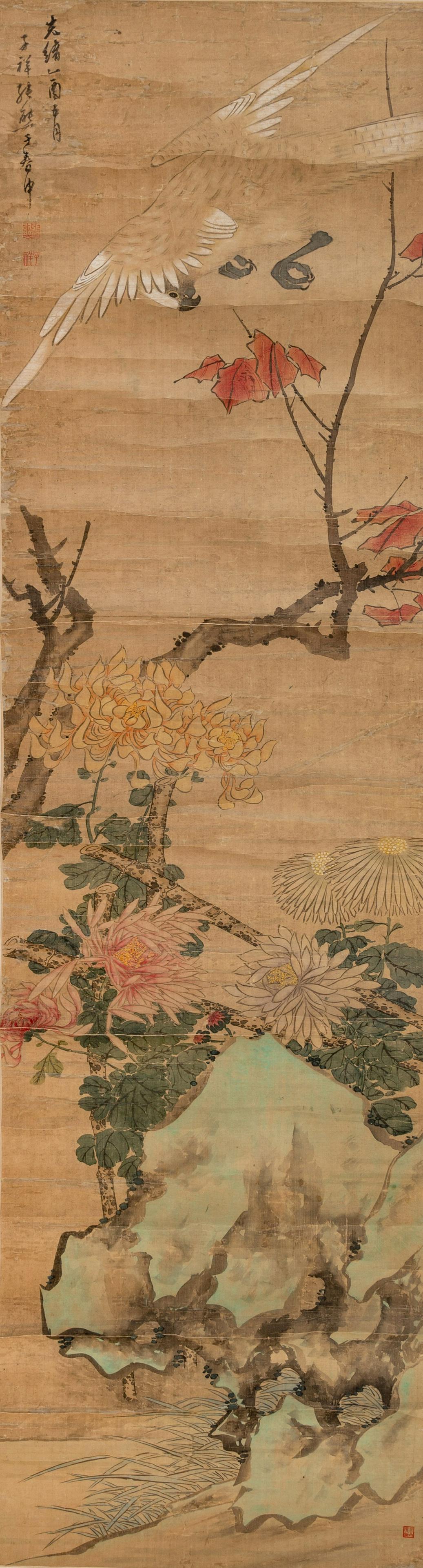 Zhang Xiong Image: 61 x 15 1/2 in., 151 x 40 cm.: Zhang Xiong (Chinese, 1803-1886) Parrot and Chrysanthemums ink and color on silk, loose hanging scroll signed and dated year yiyou (1885), with two artist seals, Zhang Xiong, Zixiang, and one collecto