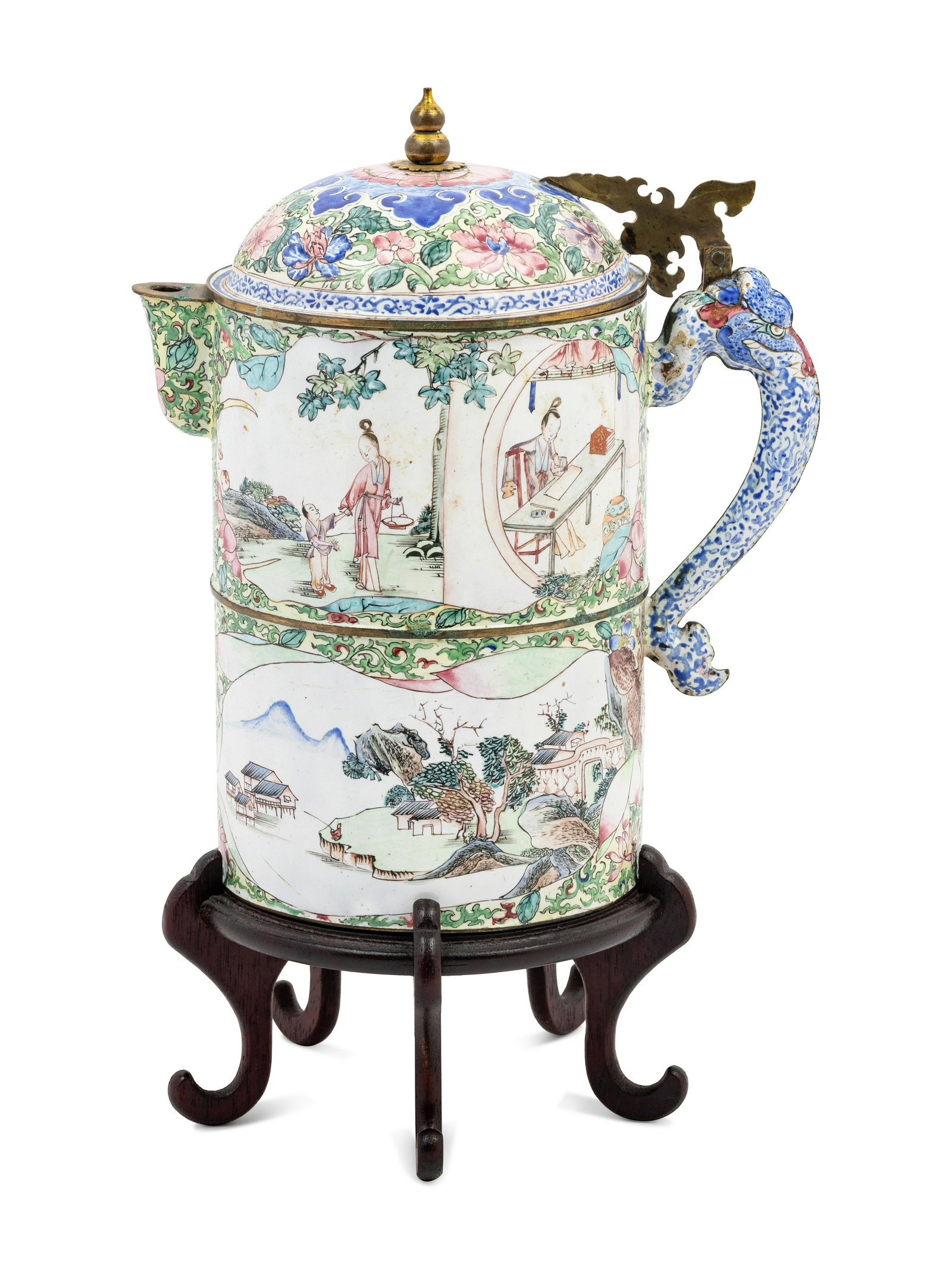 A Canton Enamel on Copper Wine Pot Height of the pot 10 in., 26 cm.: A Canton Enamel on Copper Wine Pot 18TH CENTURY 清中期 銅胎畫琺琅酒壺 the cylindrical body of two sections, each deftly painted with continu