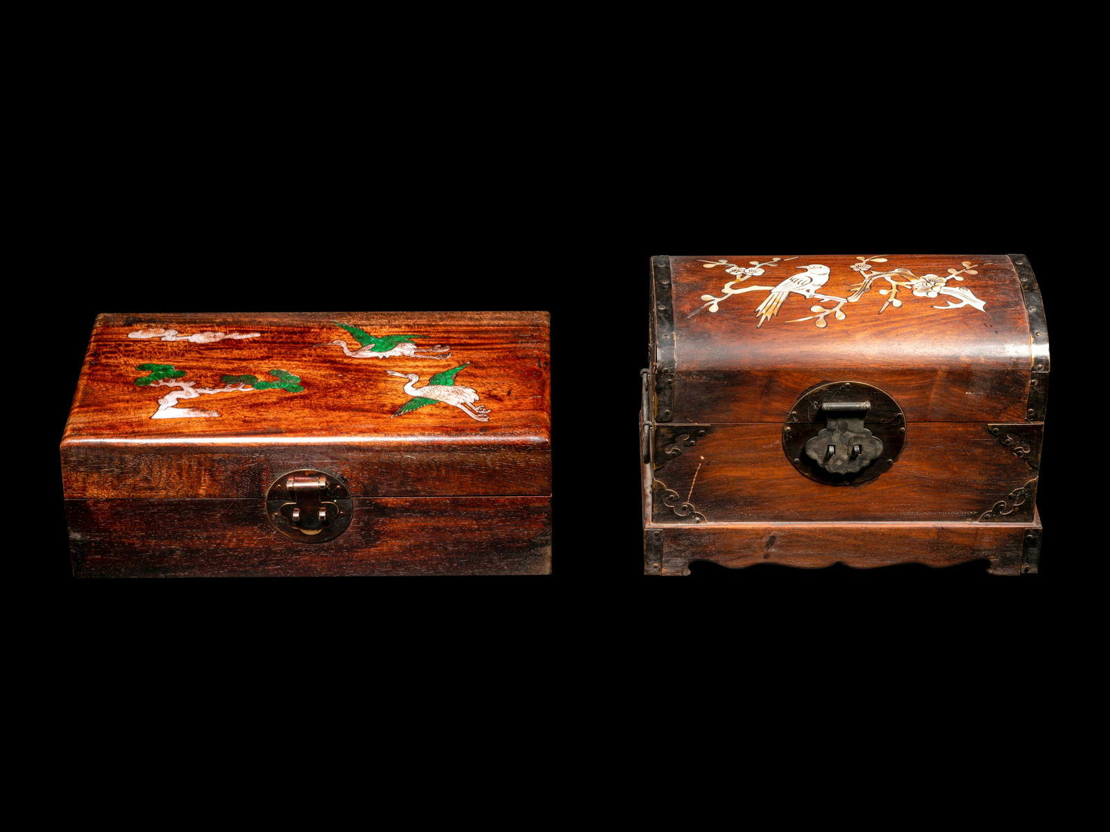 Two Inlaid Huanghuali Boxes Length of larger 11 in., 27.9 cm. (1 of 5)