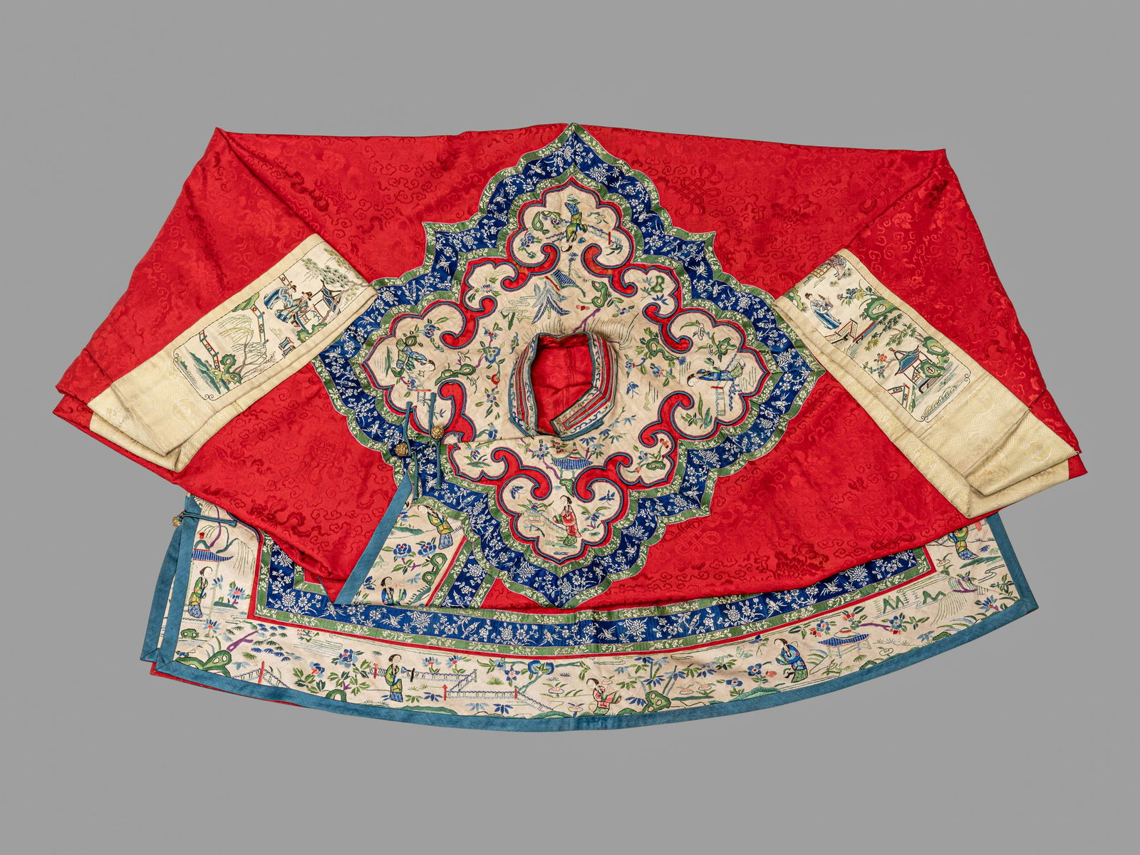 A Red Ground Embroidered Silk Lady's Jacket and Pants Length of jacket from collar to hem 37 1/2 x (1 of 6)