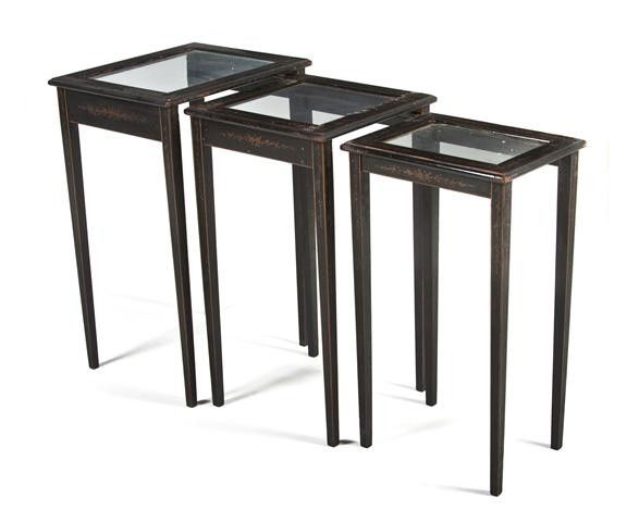 A Set of Three Painted and Parcel Gilt Nesting Table: A Set of Three Painted and Parcel Gilt Nesting Tables, each having a rectangular glass inset top raised on tapering legs. Height of tallest 22 1/4 inches. Property from the William H. Moore Trust, Hob