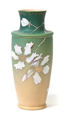 An Enameled Cased Glass Vase, Height 14 3/4 inches: An Enameled Cased Glass Vase, having turquoise and cream colored reserve with enameled dogwood decoration, with circular Thomas Webb & Sons acid mark on the foot. Height 14 3/4 inches. Property of a P
