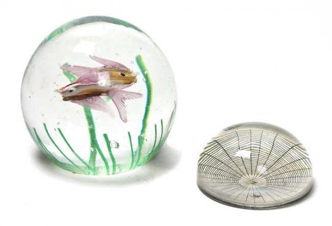 A Group of Three Contemporary Glass Paperweights, : A Group of Three Contemporary Glass Paperweights, one having a fish motif. Diameter of largest 4 3/4 inches. Property from the William H. Moore Trust, Hobe Sound, Florida