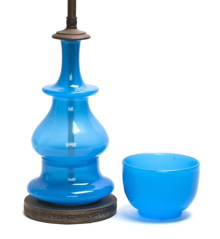 A French Blue Glass Vase, Height of first overall : A French Blue Glass Vase, of baluster form, mounted as a lamp, together with a French blue glass bowl. Height of first overall 18 inches. Property from the William H. Moore Trust, Hobe Sound, Florida