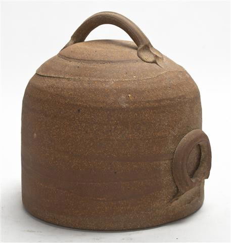 A Stoneware Lidded Vessel, Byron Temple, Height 8: A Stoneware Lidded Vessel, Byron Temple, of circular form with domed lid and pulled handle, flanked by applied ring form handles, signed near bottom on side. Height 8 inches. Property from the Collect