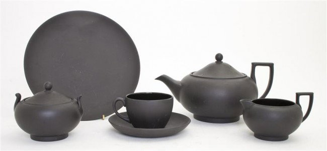 A Wedgwood Basalt After Dinner Service for Eight, : A Wedgwood Basalt After Dinner Service for Eight, having Neoclassical style motif, comprising a teapot, creamer, sugar, teacups and saucers and dessert plates. Diameter of dessert plate 9 1/4 inches. 