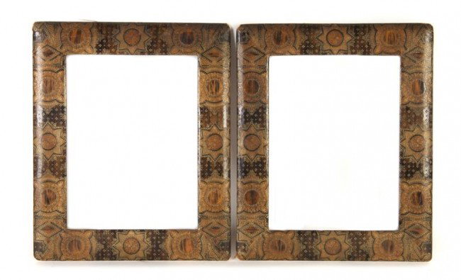 A Pair of Leather Picture Frames, Height 12 3/4 x : A Pair of Leather Picture Frames, late 19th century, having tooled and gilt decoration throughout. Height 12 3/4 x width 10 1/2 inches. Property from the Estate of Patrick E. Mormon, Las Vegas, Nevada