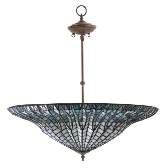 A Quoizel Leaded Glass Hanging Fixture, Diameter o: A Quoizel Leaded Glass Hanging Fixture, after the Tiffany Studios lotus lamp with patinated metal hardware. Diameter of shade 25 1/4 inches.