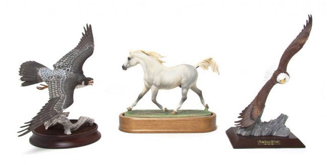 A Royal Worcester Porcelain Horse, Width of first: A Royal Worcester Porcelain Horse, Arab Stallion by Doris Lindner, limited edition 256/500, together with two Franklin Mint porcelain birds. Width of first overall 12 inches. Property from the Estate