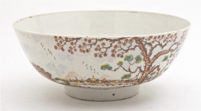 A Chinese Export Porcelain Punch Bowl, Diameter 10: A Chinese Export Porcelain Punch Bowl, depicting Dutch standing on the shore with ships in the background. Diameter 10 1/2 inches. Property from the William H. Moore Trust, Hobe Sound, Florida