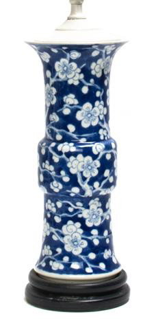 A Chinese Porcelain Gu Form Vase, Height 9 3/4 inc: A Chinese Porcelain Gu Form Vase, in the "Hawthorne" pattern, mounted as a lamp. Height 9 3/4 inches. Property from the William H. Moore Trust, Hobe Sound, Florida