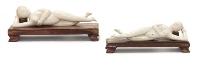 A Pair of Chinese Carved Ivory Doctor's Models, Le: A Pair of Chinese Carved Ivory Doctor's Models, of reclining women. Length of longest 6 1/8 inches.