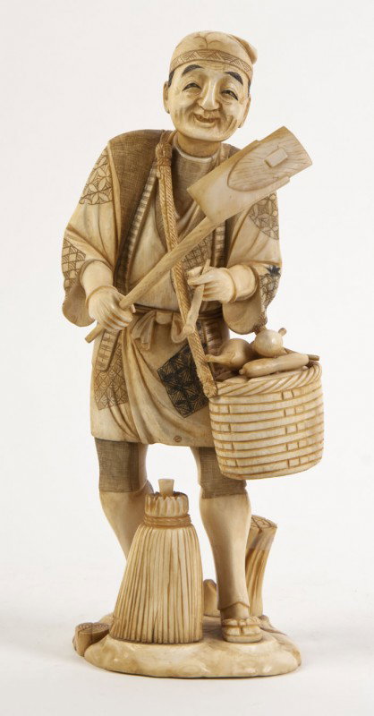 A Japanese Ivory Figure, Height 12 inches.: A Japanese Ivory Figure, depicting a man with farming implements in hand, raised on naturalistic form base. Height 12 inches. Property from the Collection of Robert W. McDonald, Naples, Florida