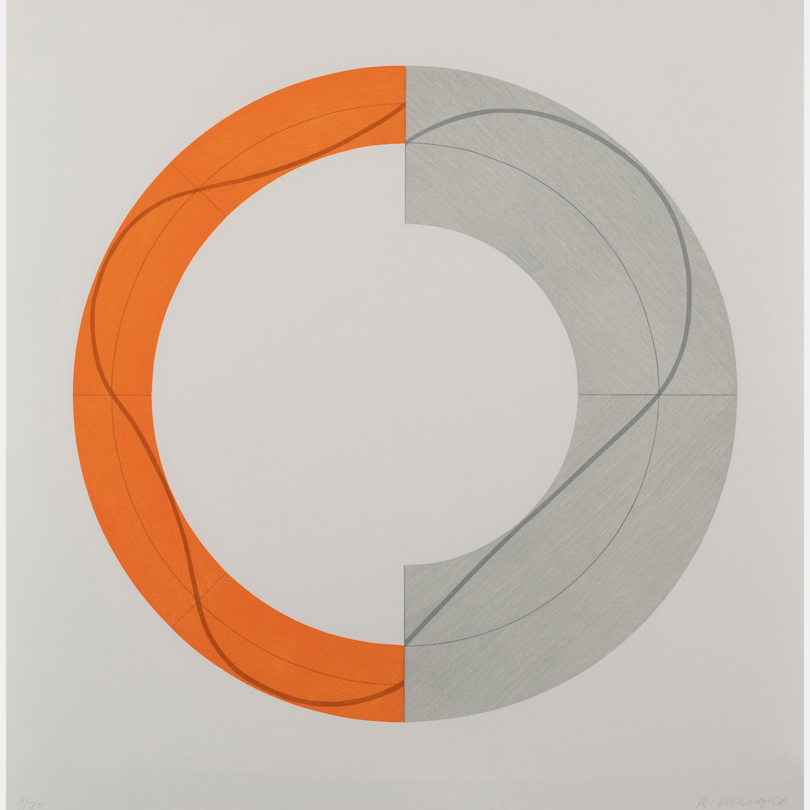 Robert Mangold (American, b. 1937) Split Ring Image B, 2009: Robert Mangold (American, b. 1937) Split Ring Image B, 2009 woodcut with linocut signed and numbered 9/30 in pencil 25 x 25 inches. Provenance: Patti Gilford Fine Arts, Chicago