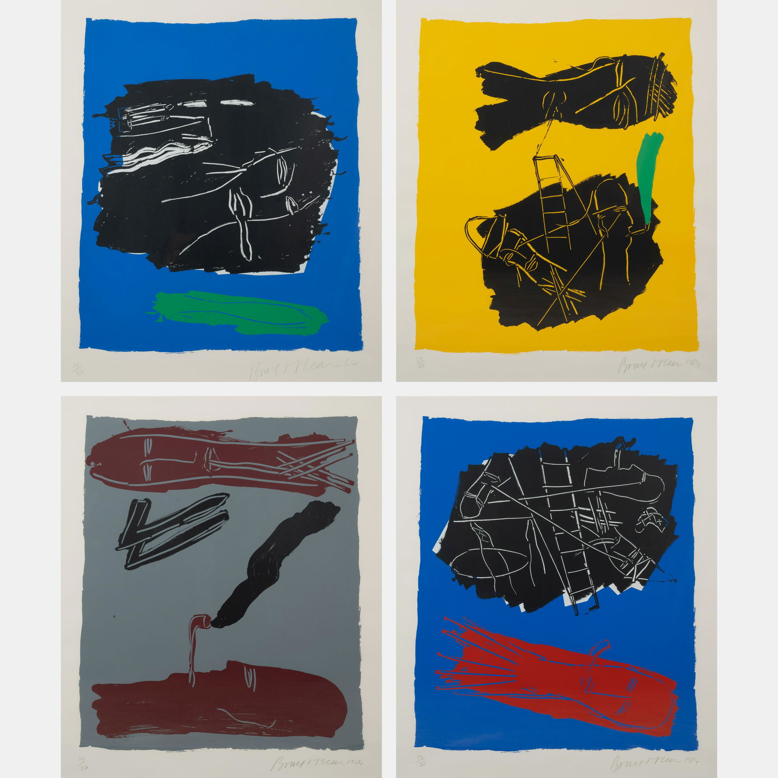 Bruce McLean (Scottish, b. 1944) Head with Green Smoke, Dancing Girl, Pipe Smoker, and Black Head,: Bruce McLean (Scottish, b. 1944) Head with Green Smoke, Dancing Girl, Pipe Smoker, and Black Head, Queen Fish(a group of four works), 1984 screenprints each signed, dated, and numbered in pencil 30 1/