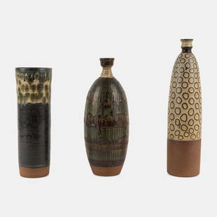 Robert Sperry (American, 1927-1998) Collection of Three Vases, 1960: Robert Sperry (American, 1927-1998) Collection of Three Vases, 1960 glazed stoneware signed and dated Tallest: H 13 1/4 x Dia 3 inches. Property from the Collection of George Irwin, Quincy, Illinois,