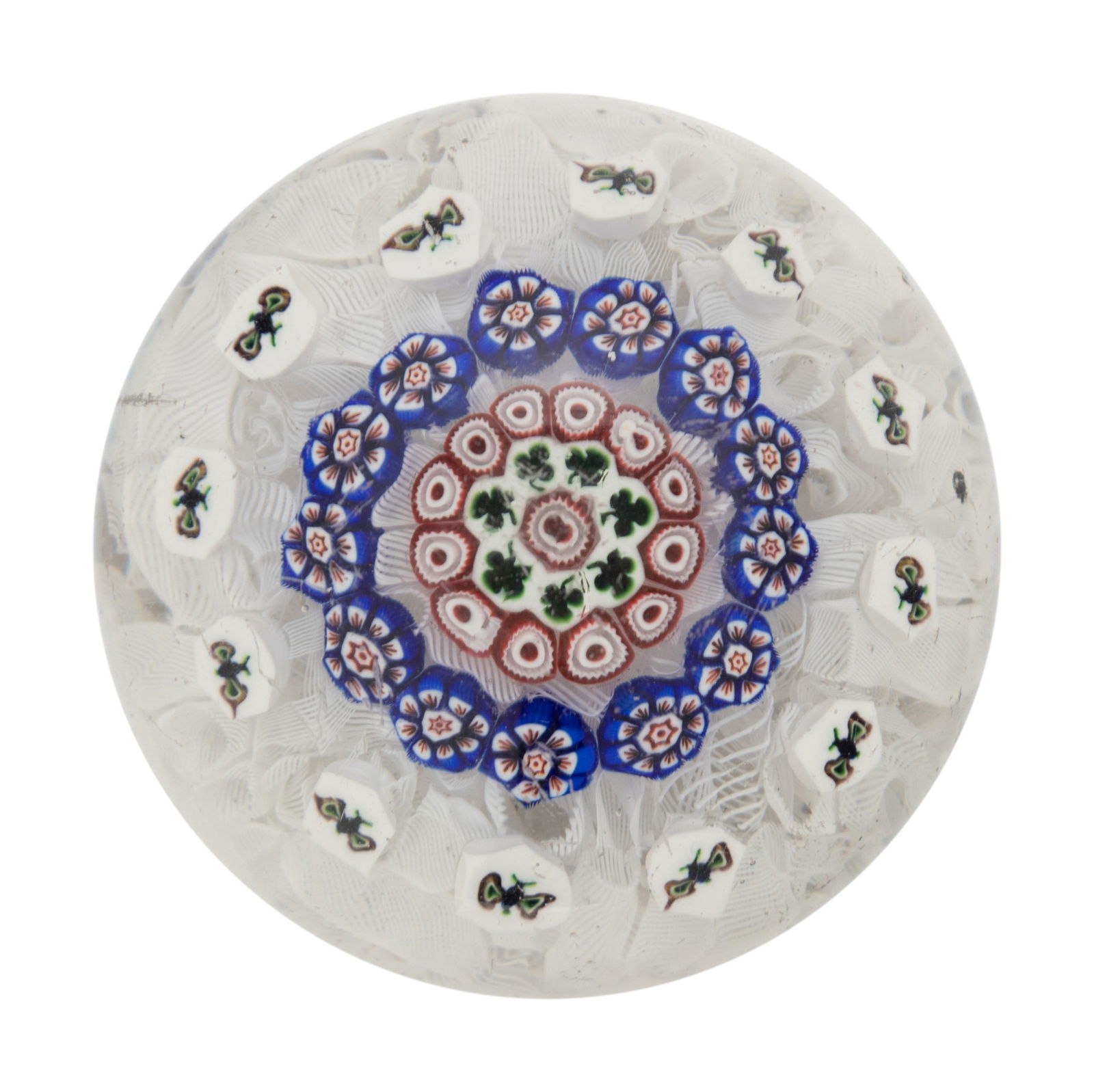 A Baccarat Concentric Patterned Shamrock and Butterfly Millefiori on Upset Muslin Glass Paperweight (1 of 2)