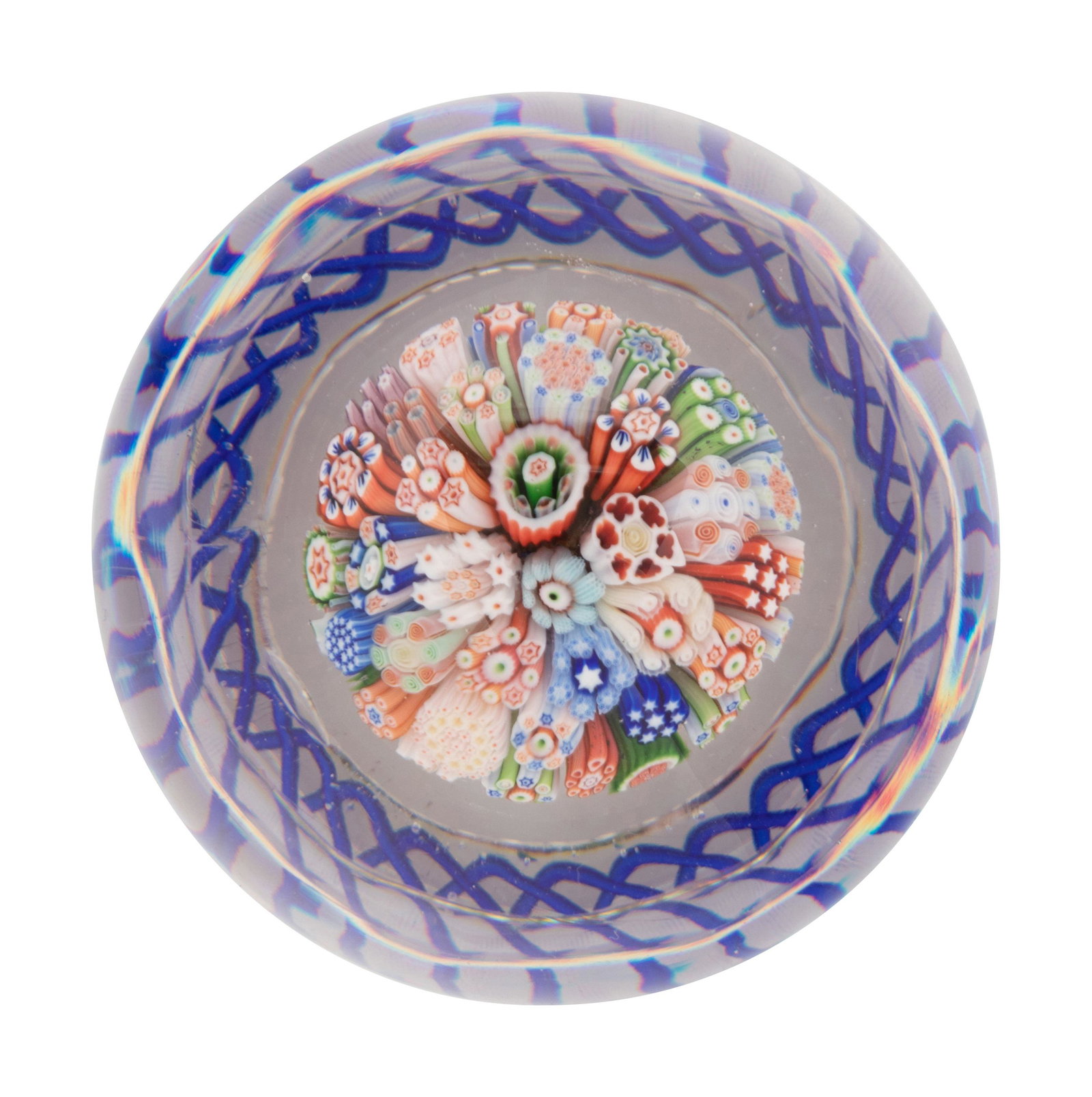 A Baccarat Close Packed Millefiori Mushroom with Blue Torsade Glass Paperweight (1 of 2)