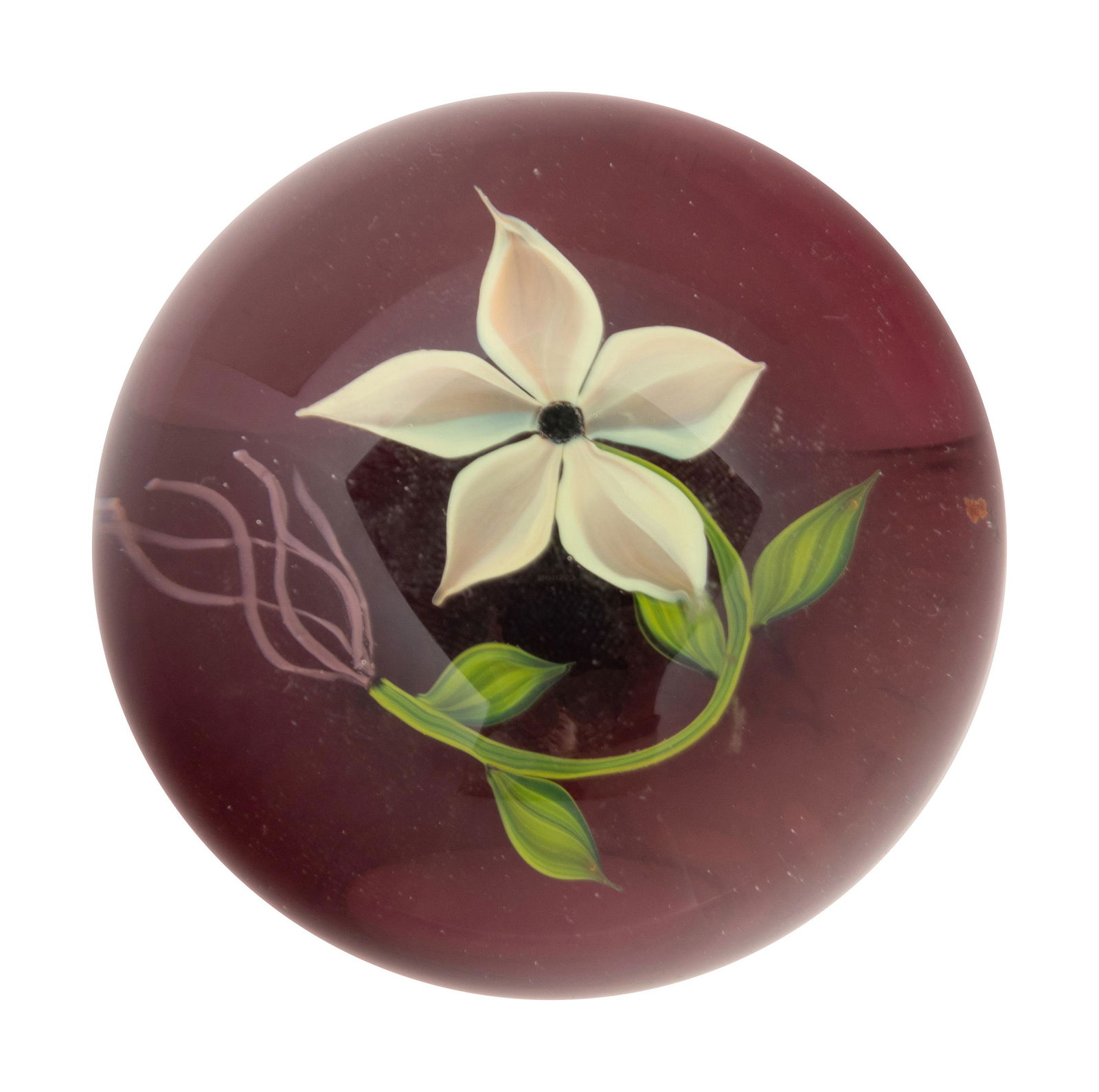 A Paul Stankard White Lily on Amethyst Ground Glass Paperweight (1 of 4)