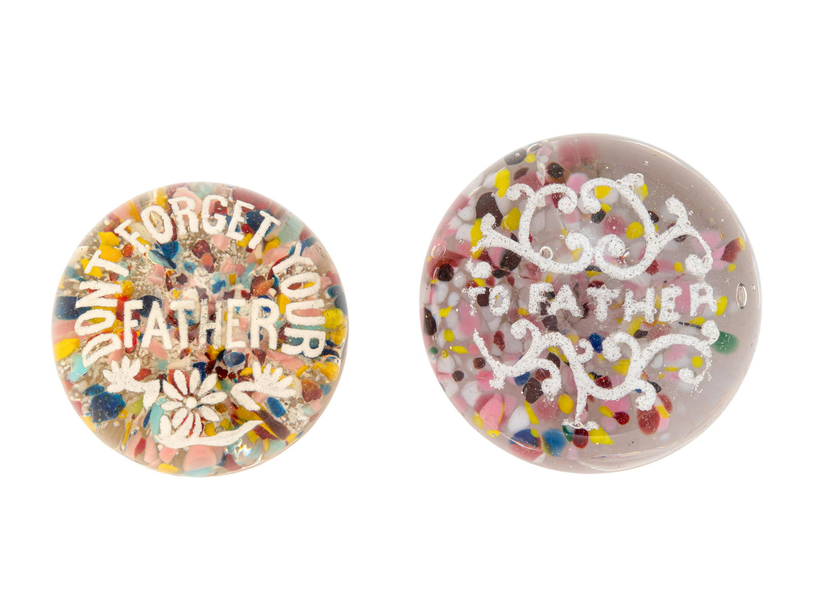 Two American Frit Father  Motto Over Speckled Ground Glass Paperweights (1 of 4)