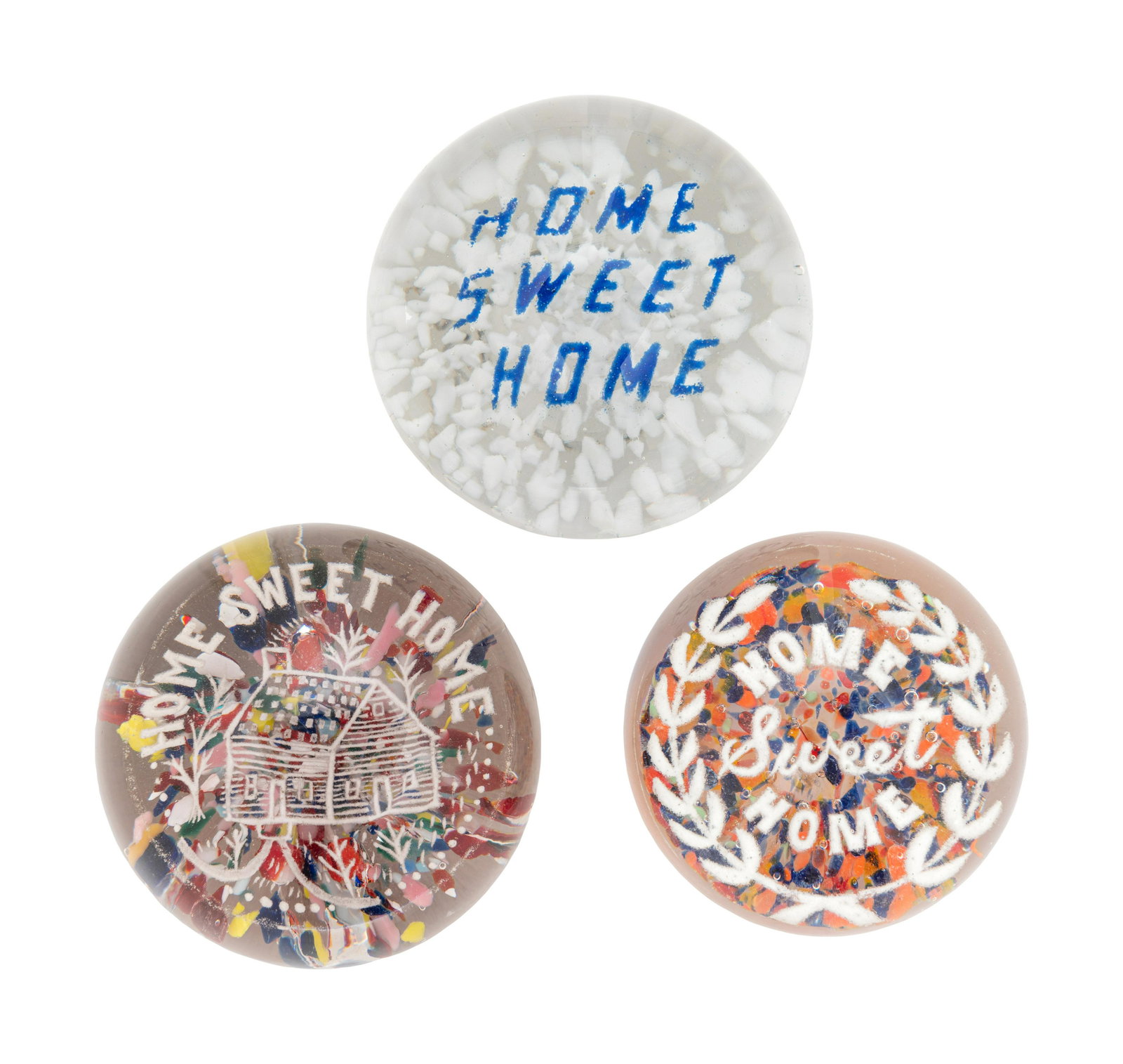 Three American Frit Home Sweet Home  Motto Over Speckled Ground Glass Paperweights (1 of 4)