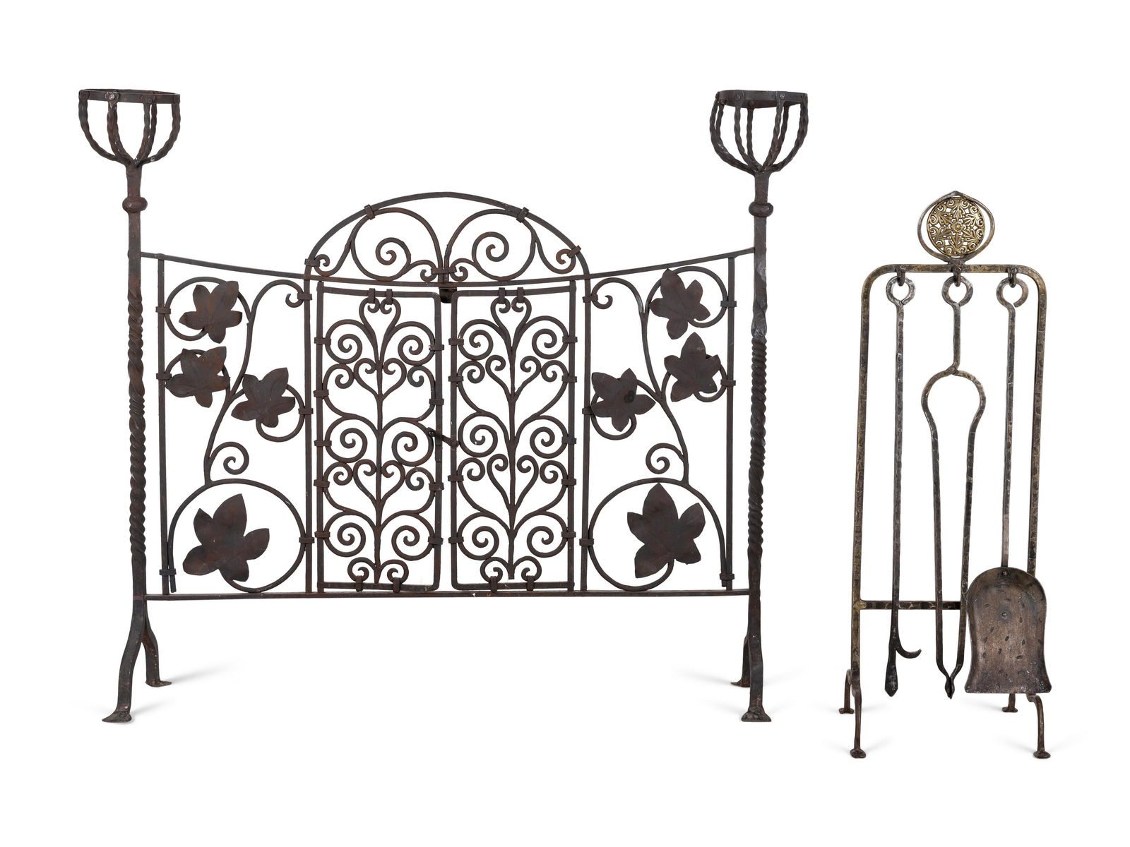 A French Wrought Iron Fire Screen with Posset Cup Holders and a Set of Tools (1 of 3)