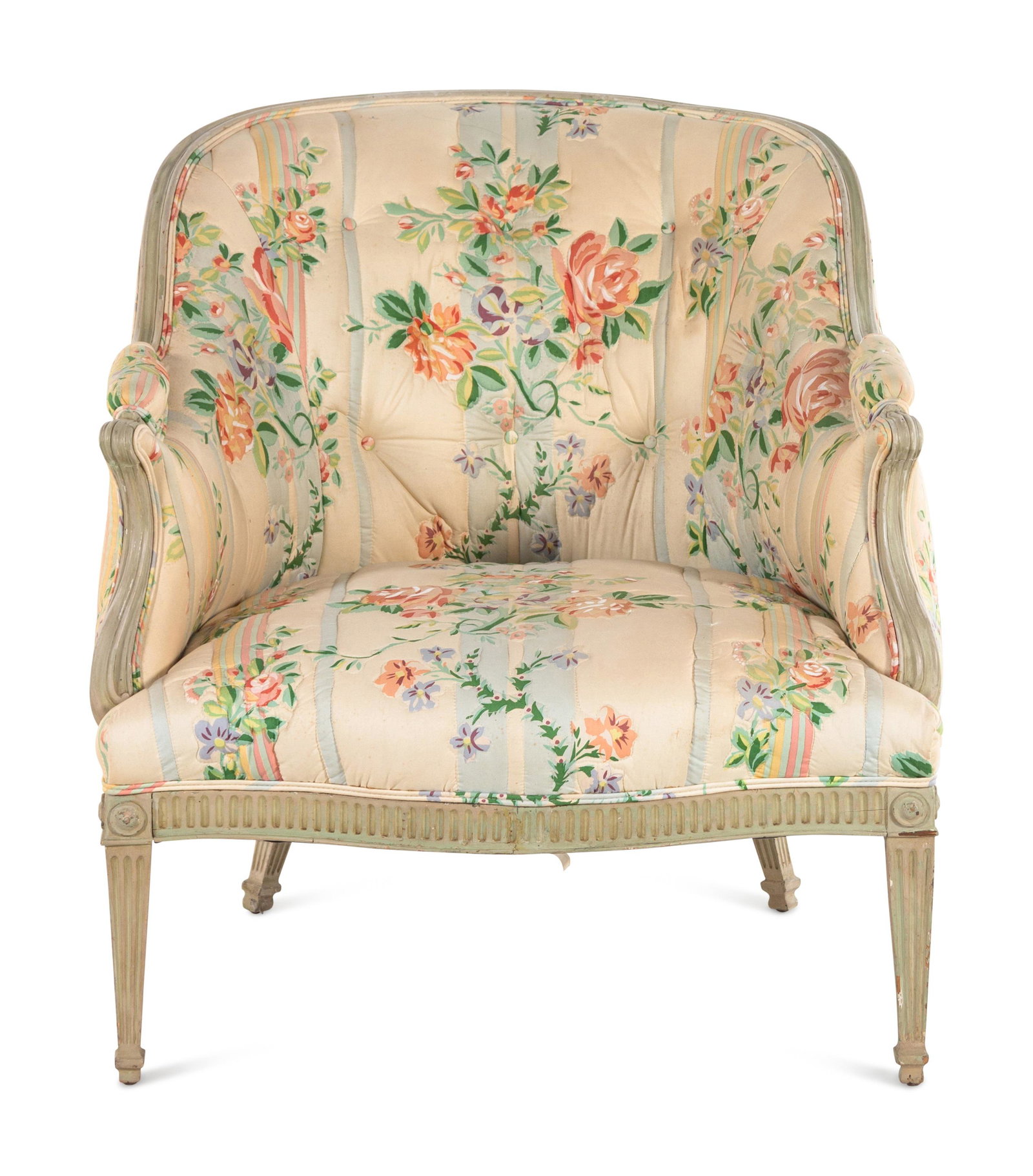 A Louis XVI Style Gray-Painted Bergere : A Louis XVI Style Gray-Painted Bergere First Half 20th Century Height 35 x width 32 x depth 37 inches.