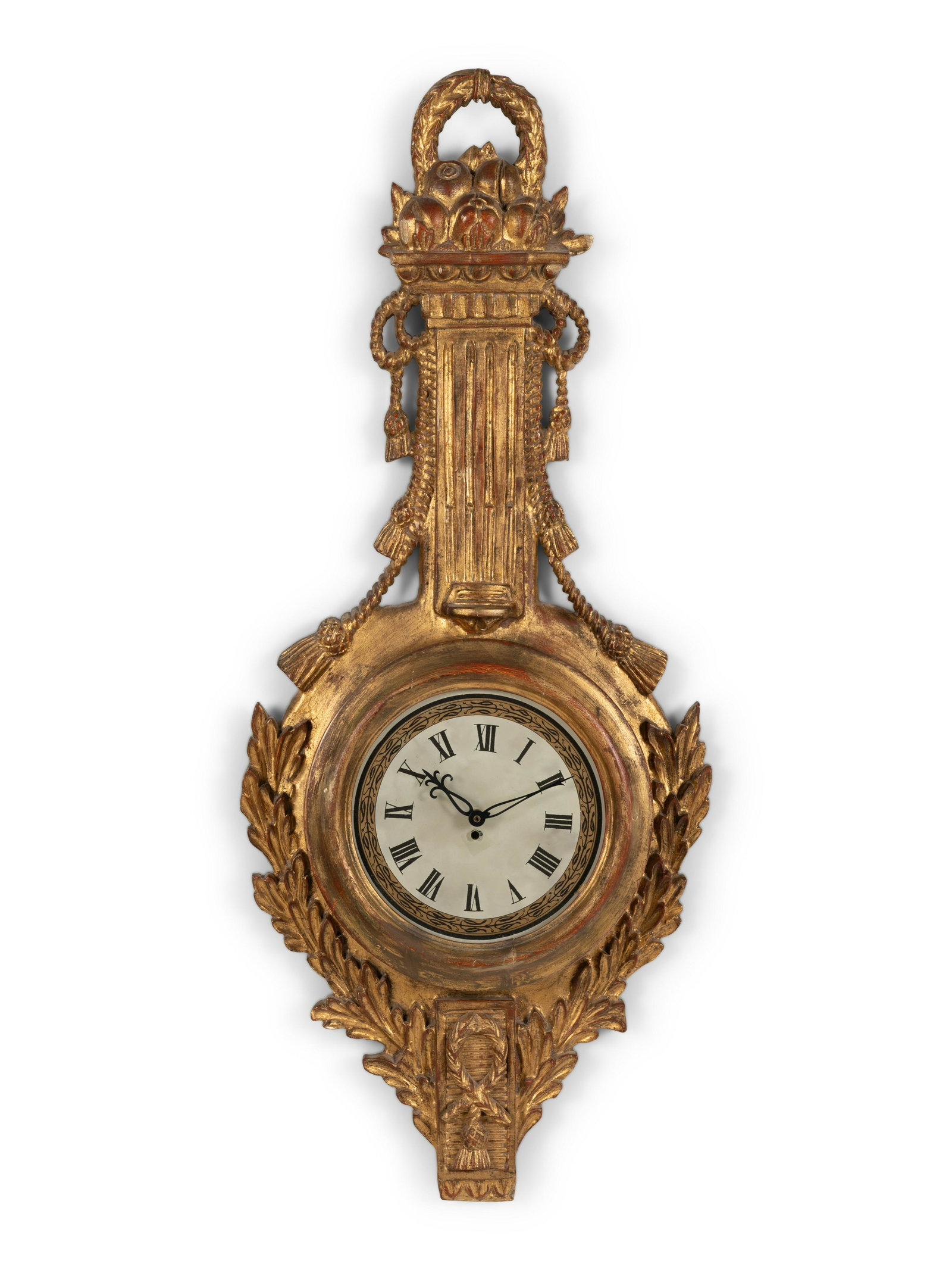 A Louis XVI Style Giltwood Cartel Clock: A Louis XVI Style Giltwood Cartel Clock 20th Century Height 35 x width 15 inches.