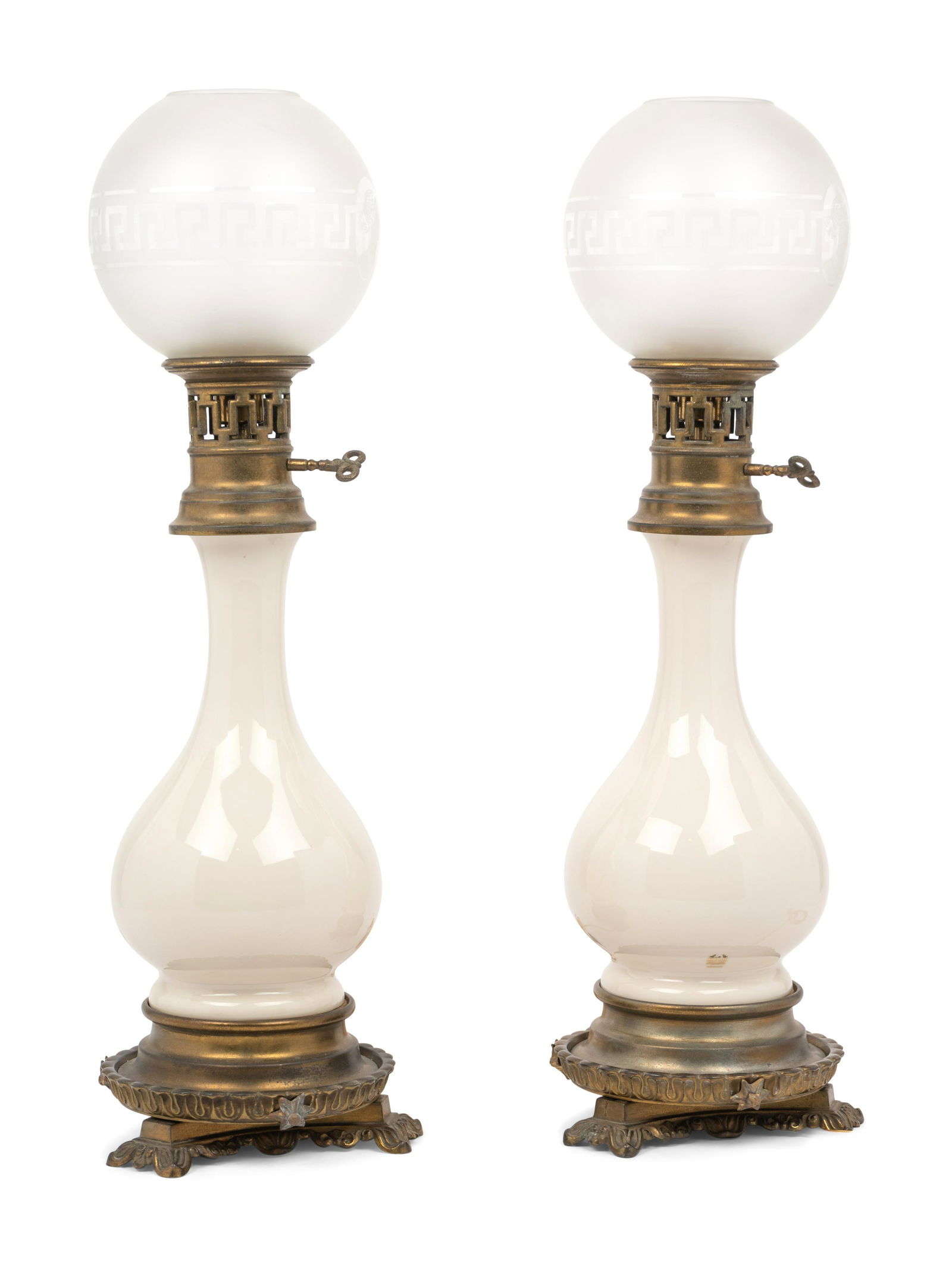 A Pair of French Opaline Glass Fluid Lamps with Etched Glass Shades Converted to Electricity (1 of 8)