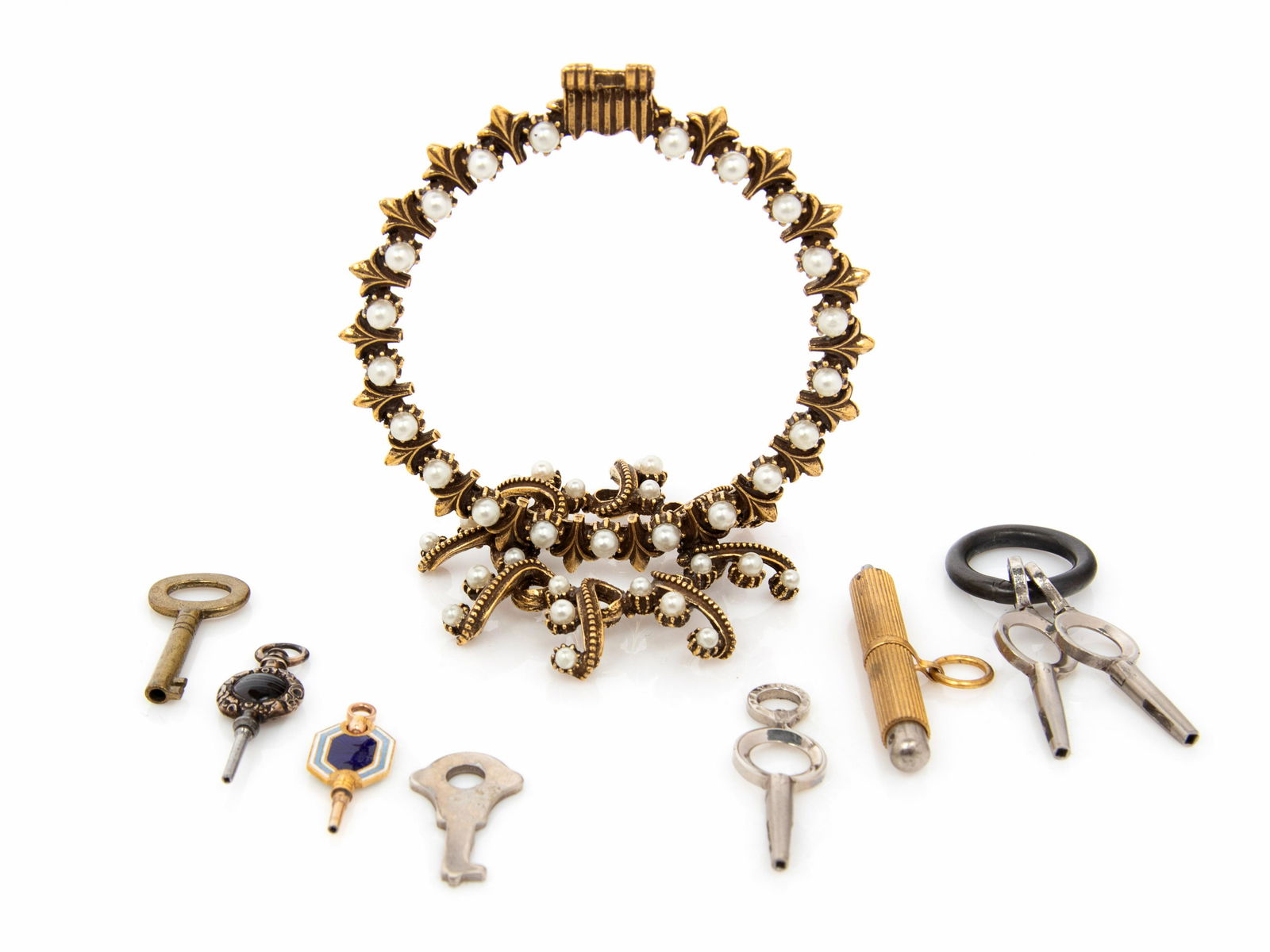 Two Antique Pocket Watch Keys and a Metal and Faux Pearl Watch Stand (1 of 3)