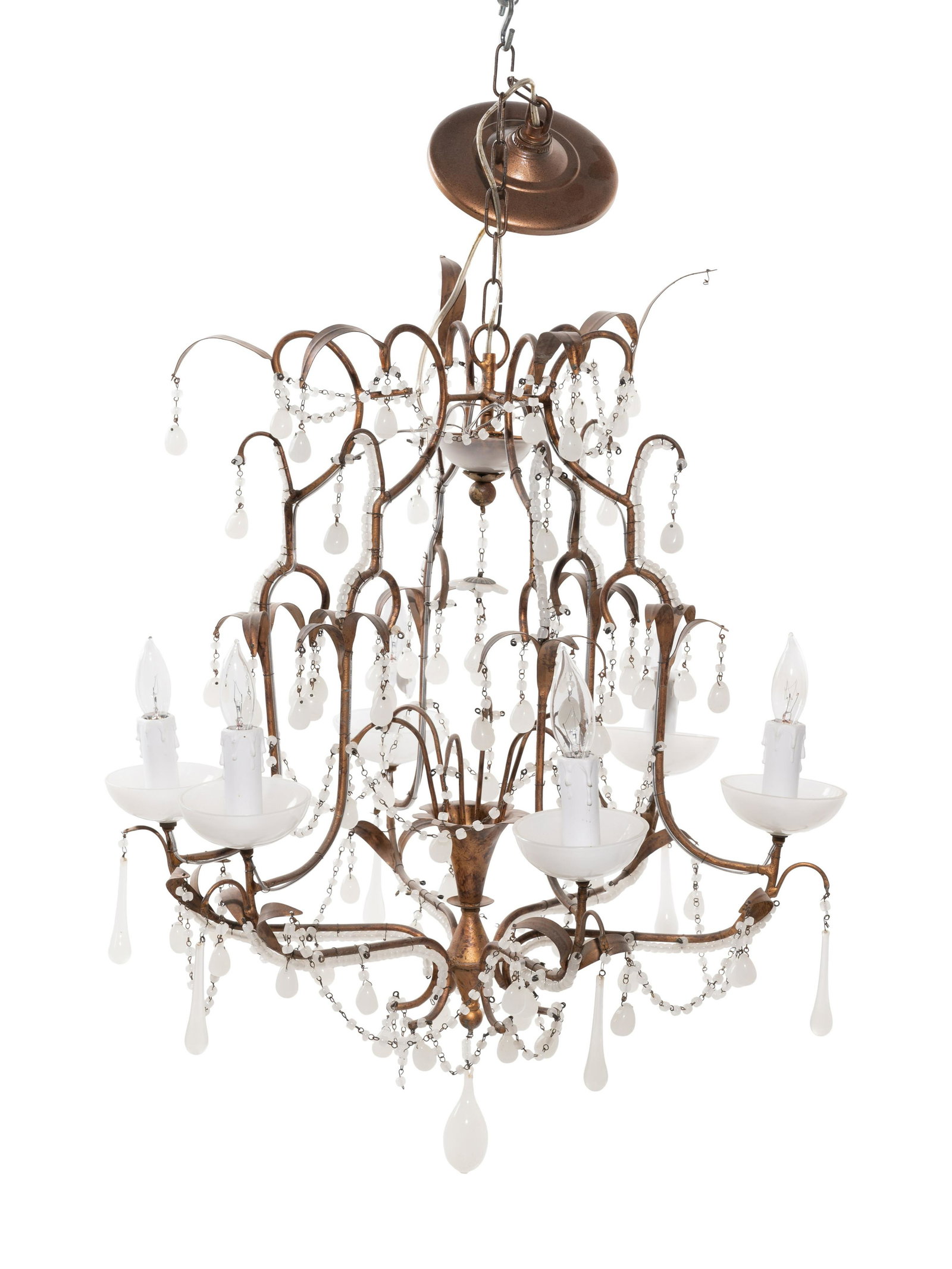 A Continental Gilt Metal and Opaline Glass Six-Light Chandelier: A Continental Gilt Metal and Opaline Glass Six-Light Chandelier First Half 20th Century Height 25 x width 21 inches.