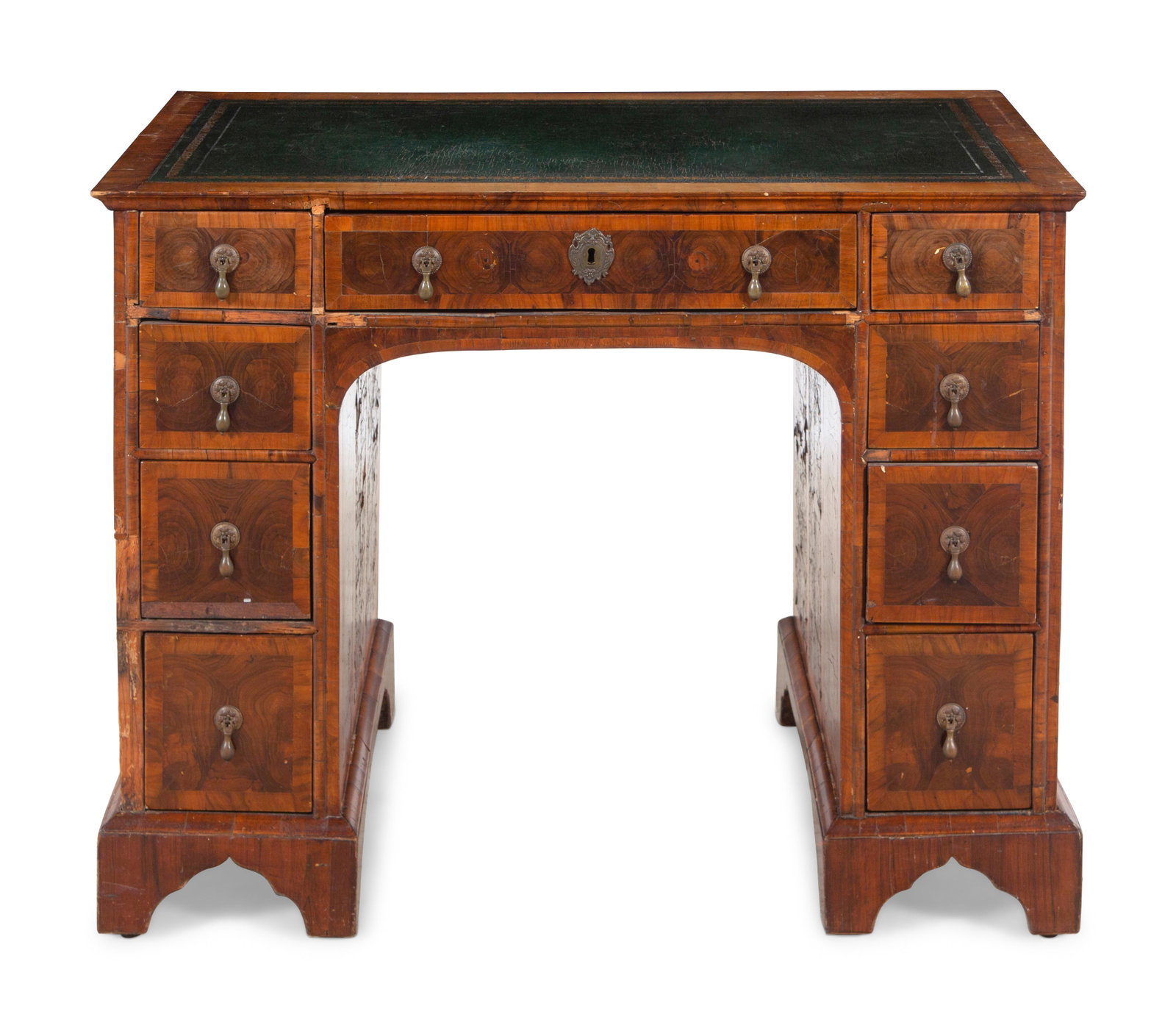 A George II Style Oyster Veneered Pedestal Desk: A George II Style Oyster Veneered Pedestal Desk 19th Century Height 32 1/4 x width 41 3/4 x depth 22 3/4 inches. Property from the Estate of Professor Ethan D. Alyea, Jr., Bloomington, Indiana