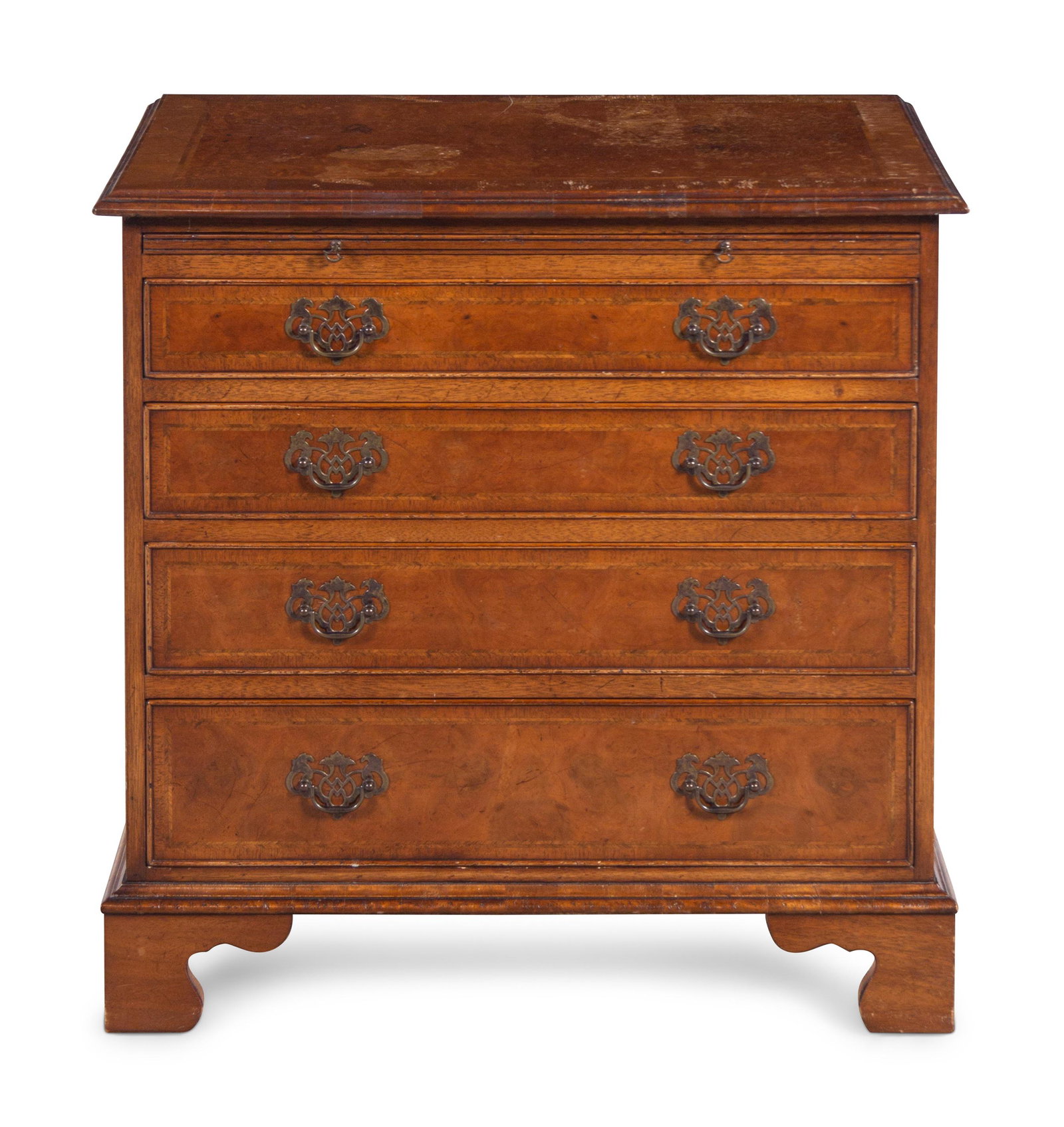 A George III Style Burlwood and Mahogany Bachelor's Chest: A George III Style Burlwood and Mahogany Bachelor's Chest 20th Century Height 30 x width 30 x depth 18 1/4 inches.