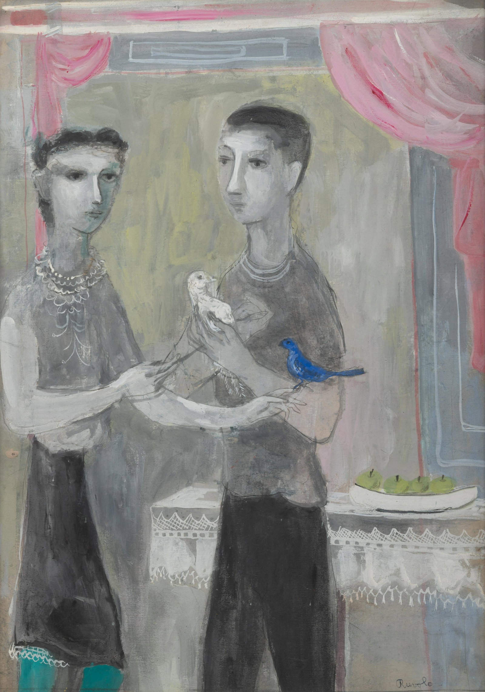 Felix Ruvolo (American, 1912-1992): Felix Ruvolo (American, 1912-1992) Man and Woman with Two Birds gouache and watercolor 15 x 11 inches.