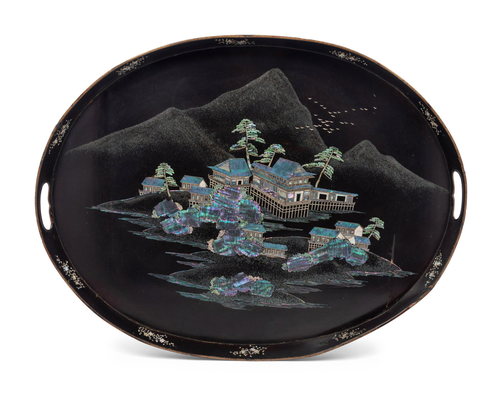 A Chinese Painted and Mother-of-Pearl Inset Tray: A Chinese Painted and Mother-of-Pearl Inset Tray 19th Century Diameter 28 inches. 