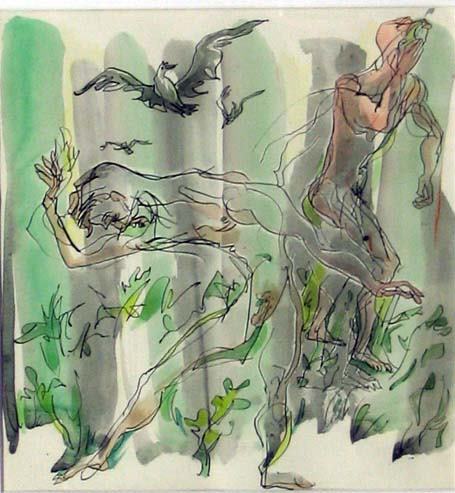 EMLEN ETTING (american 1905-1993) FIGURES AND BIRDS: EMLEN ETTING (american 1905-1993) FIGURES AND BIRDS ink and watercolor on paper 7 5/8 x 7 1/4 in.