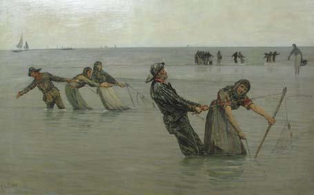 GEORGE SHERWOOD HUNTER (british 1850-1919) SETTING: GEORGE SHERWOOD HUNTER (british 1850-1919) SETTING THE NETS signed, oil on canvas 25 x 40 in.