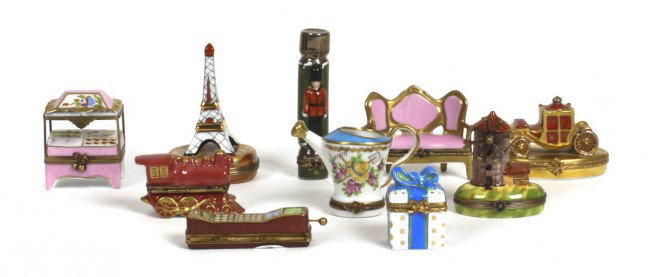 A Collection of Ten French Porcelain Boxes, Limoges, He: A Collection of Ten French Porcelain Boxes, Limoges, having polychromed decoration throughout. Height of tallest 4 inches.