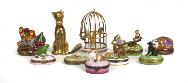 A Collection of Ten French Porcelain Boxes, Limoges, He: A Collection of Ten French Porcelain Boxes, Limoges, depicting animals and birds. Height of tallest 4 inches.
