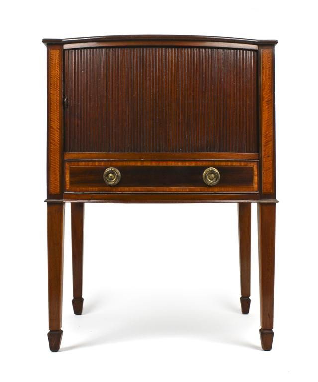 An English Victorian Inlaid Bedside Cabinet, Thomas Wil: An English Victorian Inlaid Bedside Cabinet, Thomas Willson, London, the shaped top a over single cabinet with concertina door over one long drawer, raised on chamfered legs terminating in spade feet.