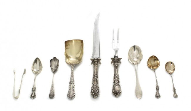 A Collection of Fifteen American Sterling Silver Servin: A Collection of Fifteen American Sterling Silver Serving Articles, comprising a carving knife and fork, a serving spoon and twelve additional articles, of various makes and style; approximate total we