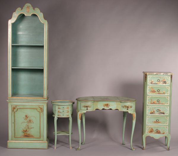 A Suite of Italian Painted Furniture,: A Suite of Italian Painted Furniture, comprising a kidney shaped desk, a pair of tall chests, a pair of book cases, a side table and a chair. Bookcase height 84 x width 23 3/4 x depth 12 3/4 inches.
