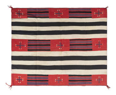 Navajo Third Phase Pattern Germantown Blanket / Rug: Navajo Third Phase Pattern Germantown Blanket / Rug late 19th century woven with hand-spun and Germantown wool; classic third phase design with spider woman crosses 57-1/2 x 67-1/2 inches