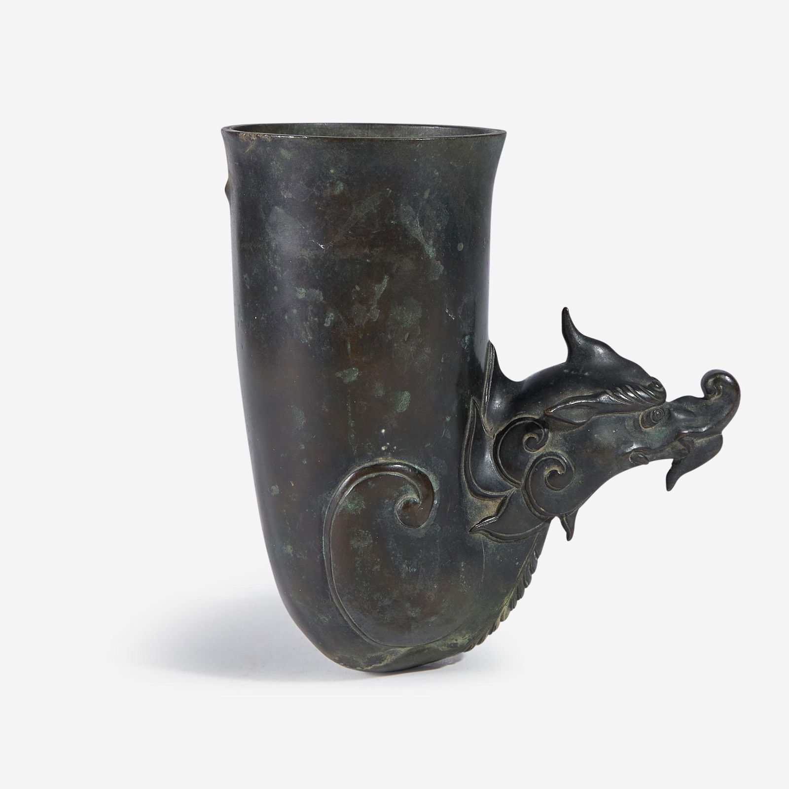 A patinated bronze rhyton-form fitting or wall vase 来通杯形铜器 (1 of 4)