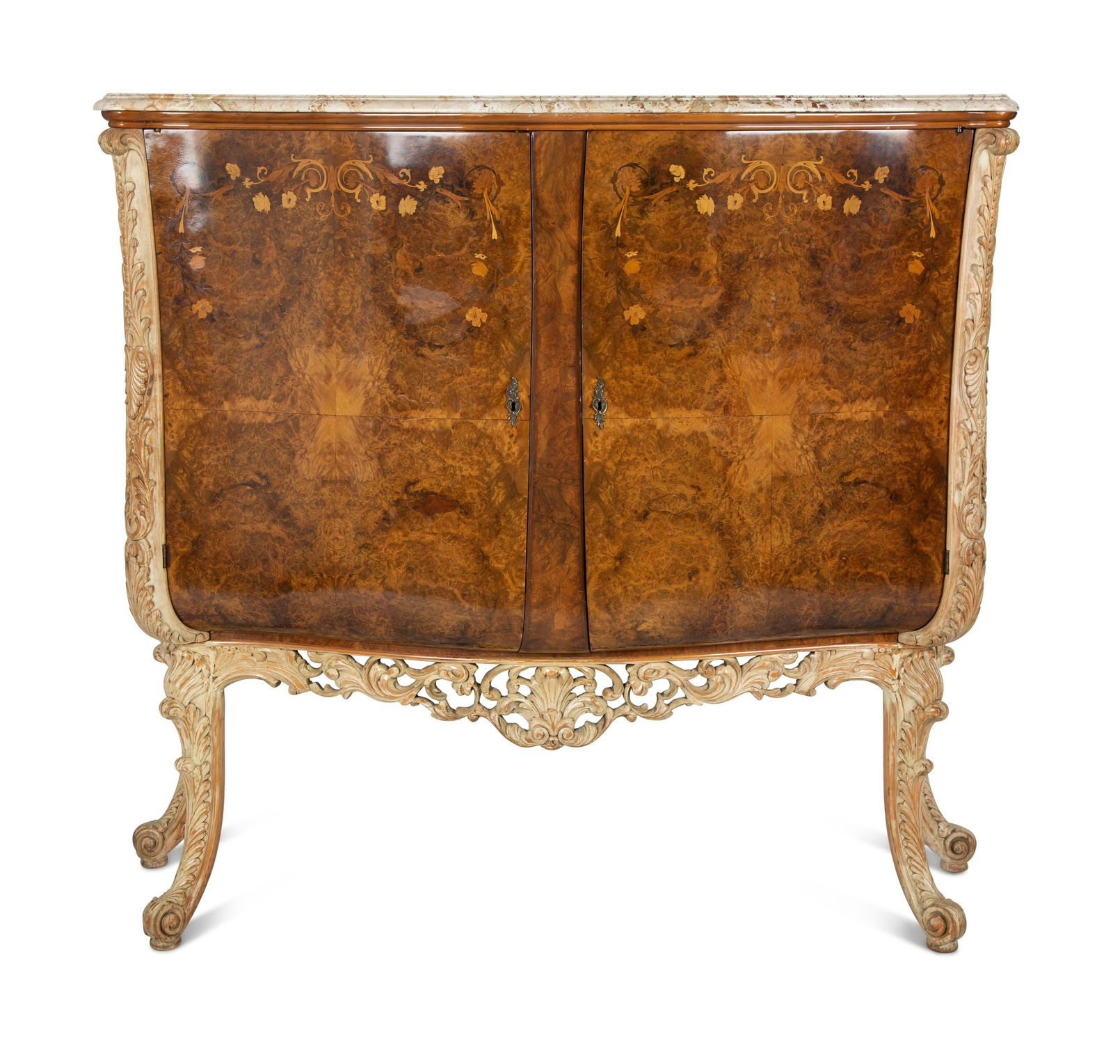An Italian Burl Walnut and Marquetry Marble-Top Cabinet Height 58 1/2 x width 62 x depth 24 inches. (1 of 5)